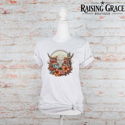 Western Skull Floral Graphic T-Shirt | Cowgirl Graphic Tee | Desert Western Shirt | Boutique Western Tee | Boho Cowgirl Shirt