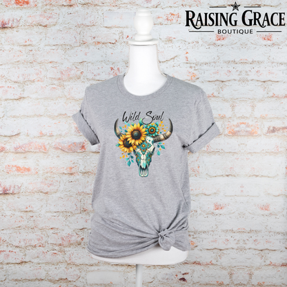 Wild Soul Sunflower Graphic T-Shirt | Western Boho Tee | Cowgirl Skull Shirt | Boutique Western Tee | Country Concert Shirt