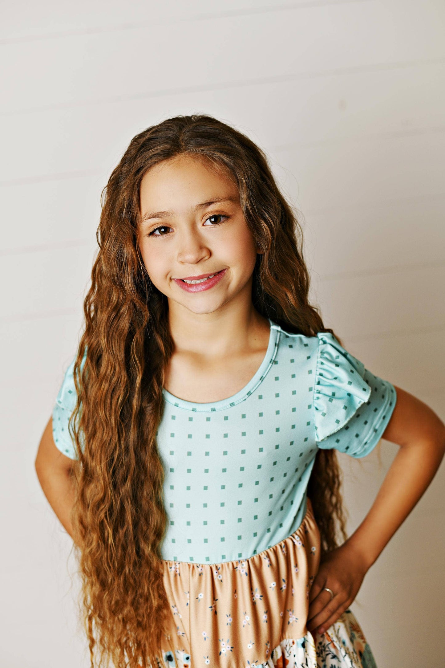 Girls Fall Ava Teal Beige Floral Dot Tiered Twirl Dress: 7/8