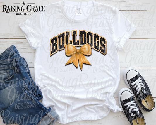 Bulldogs - with Gold Coquette Bow - Adult T-Shirt - Comfort Colors