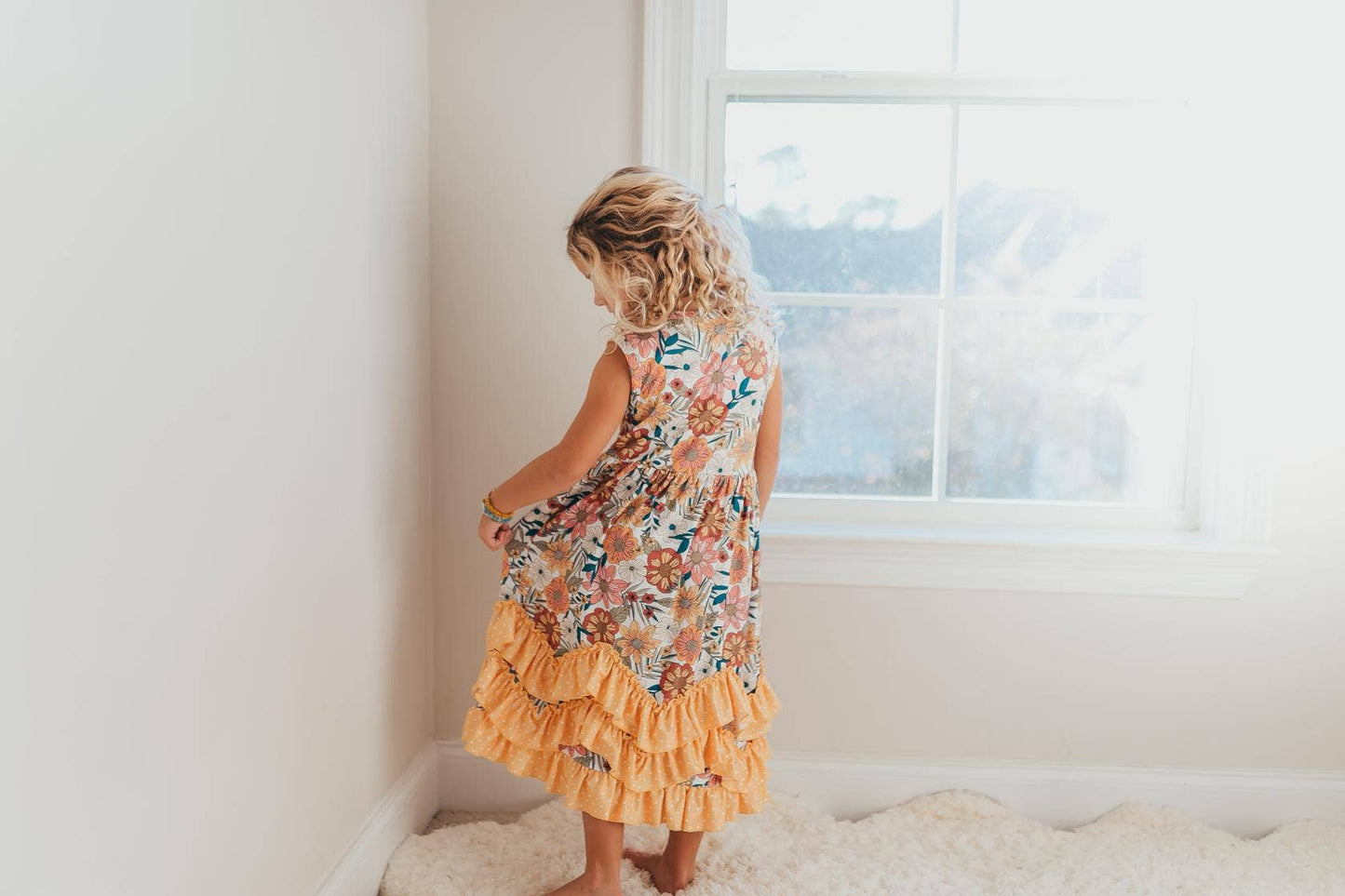 Kids Retro Butter Floral 3 Ruffle Spring Summer Easter Dress: 2