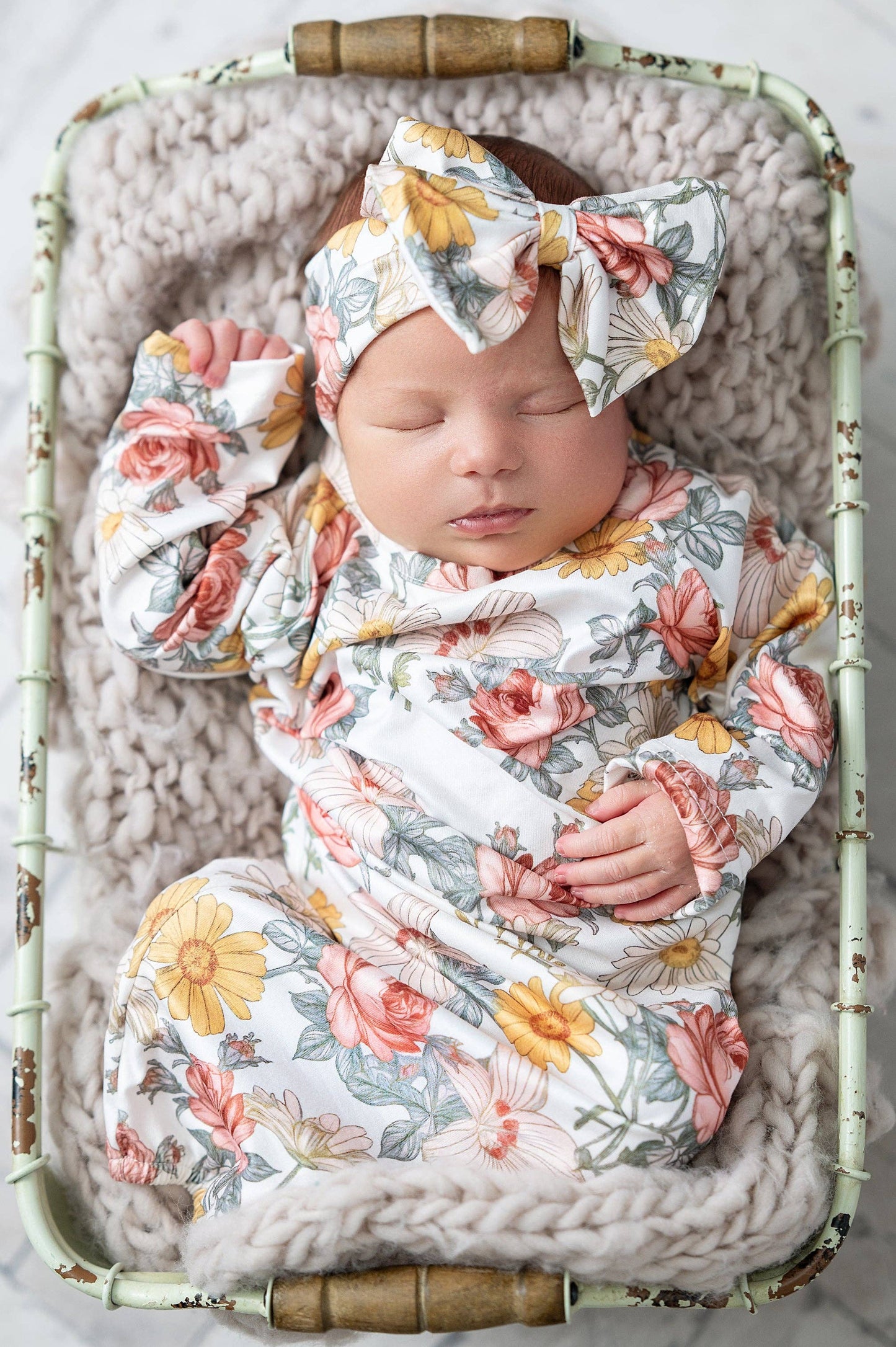 Infant Girls Botanical Ecru Baby Gown and Bow Headband Set: 0-3 Months