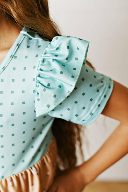 Girls Fall Ava Teal Beige Floral Dot Tiered Twirl Dress: 7/8