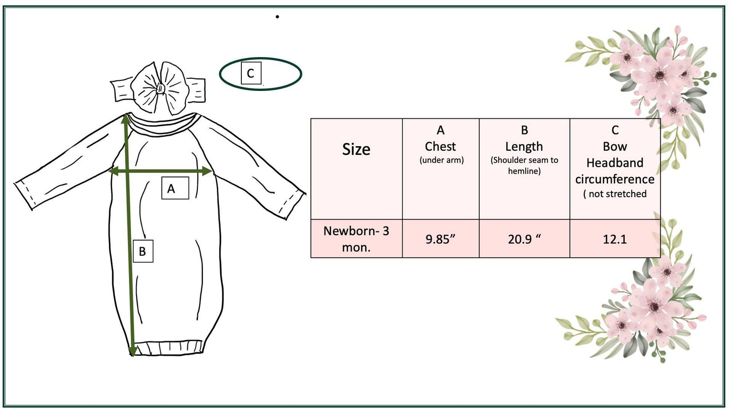 Infant Girls Botanical Ecru Baby Gown and Bow Headband Set: 0-3 Months