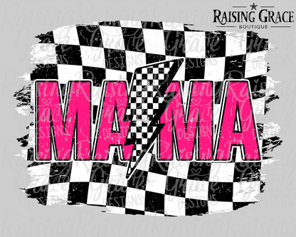Pink Checkered Mama Graphic T-Shirt | Trendy Mama Tee | Lightning Bolt Graphic Tee | Boutique Mom Shirt | Retro Mama Tee