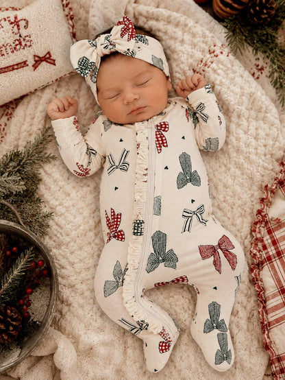 2-Way Zip Ruffle Footie, Country Christmas Bows: 0 - 3 mo.