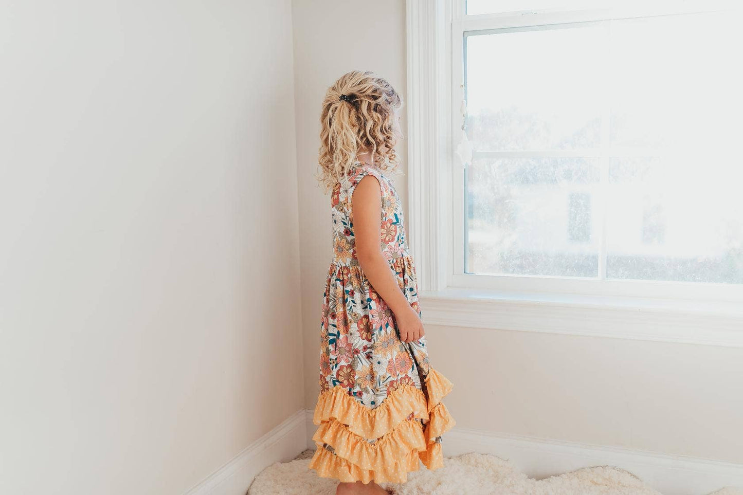 Kids Retro Butter Floral 3 Ruffle Spring Summer Easter Dress: 2