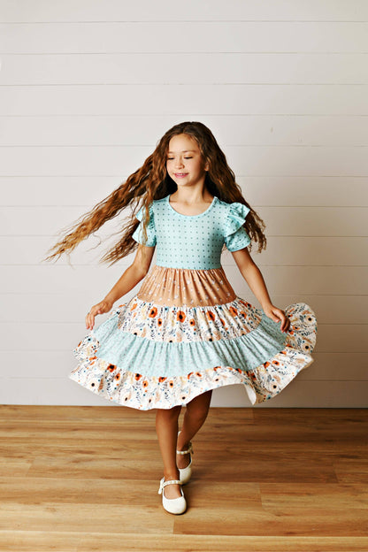 Girls Fall Ava Teal Beige Floral Dot Tiered Twirl Dress: 7/8