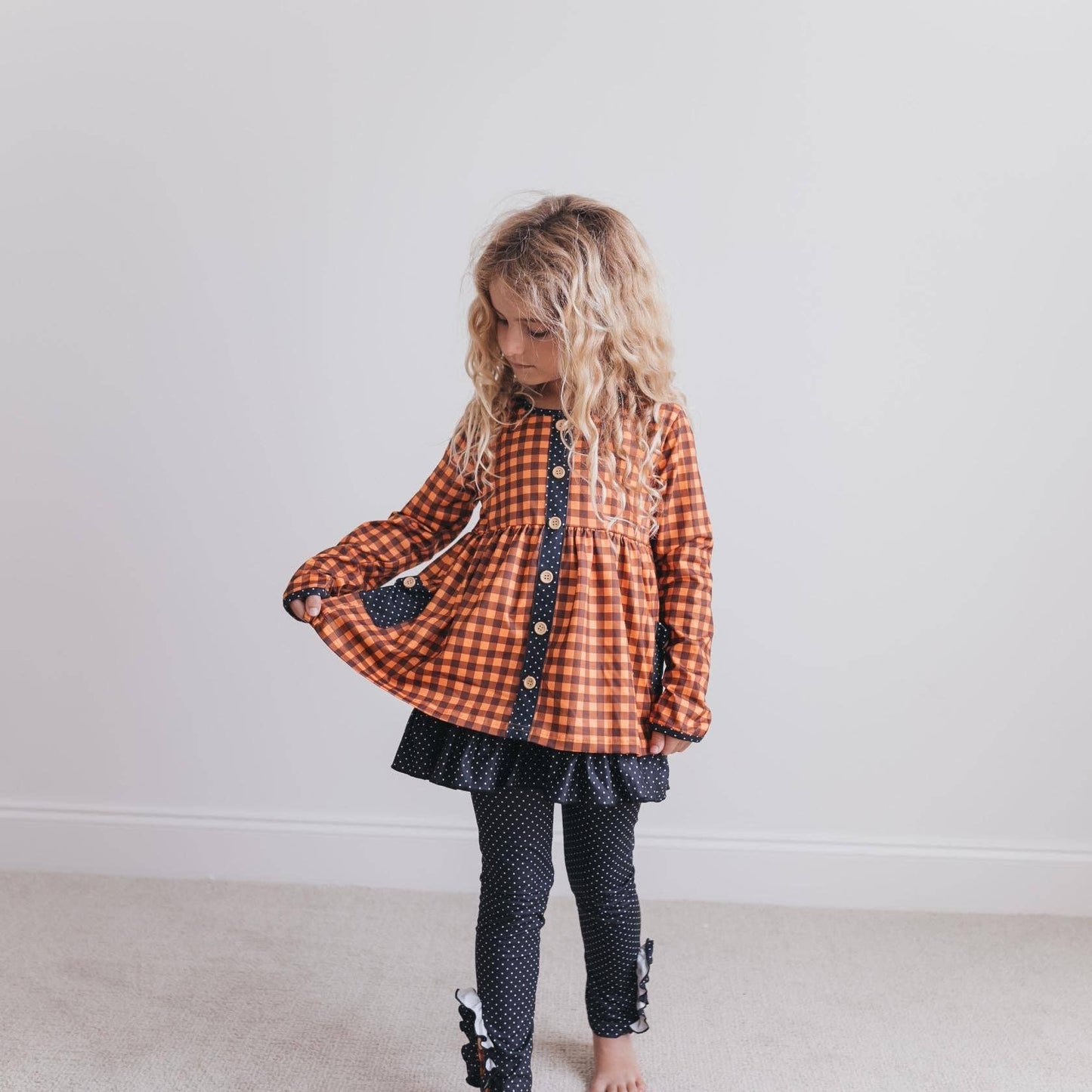 Kids Navy & Rust Gingham Check Button Pocket Pant Fall Set: 5/6
