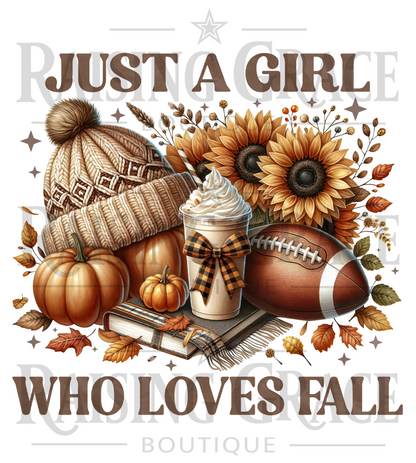 Just a Girl Who Loves Fall Shirt, Fall Graphic Tee, Football and Pumpkin Spice T-Shirt, Cozy Autumn Shirt, Sunflower Fall Tee for Women