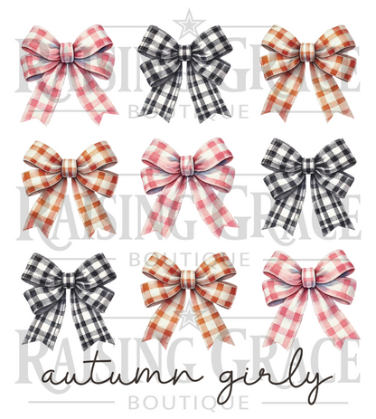 Autumn Girly Shirt, Fall Bow Graphic Tee, Coquette Fall T-Shirt, Pink Gingham Bow Shirt, Cute Fall Outfit, Women's Autumn Graphic Tee
