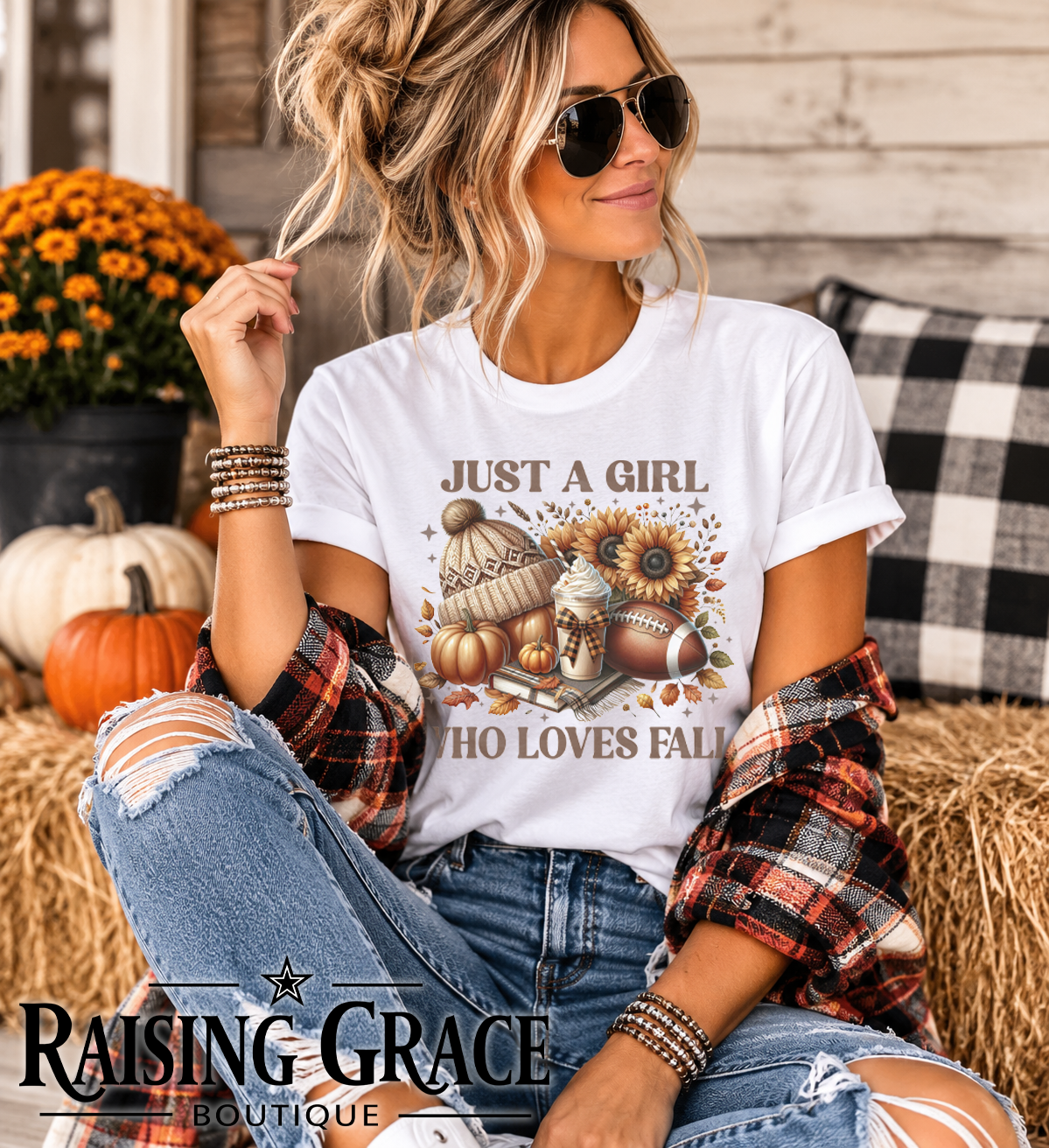 Just a Girl Who Loves Fall Shirt, Fall Graphic Tee, Football and Pumpkin Spice T-Shirt, Cozy Autumn Shirt, Sunflower Fall Tee for Women