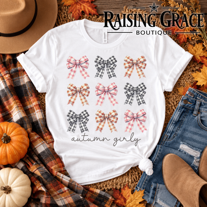 Autumn Girly Shirt, Fall Bow Graphic Tee, Coquette Fall T-Shirt, Pink Gingham Bow Shirt, Cute Fall Outfit, Women's Autumn Graphic Tee
