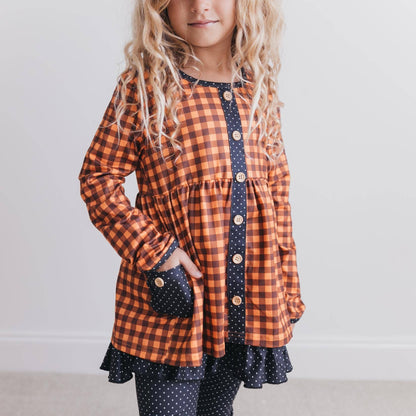 Kids Navy & Rust Gingham Check Button Pocket Pant Fall Set: 3/4