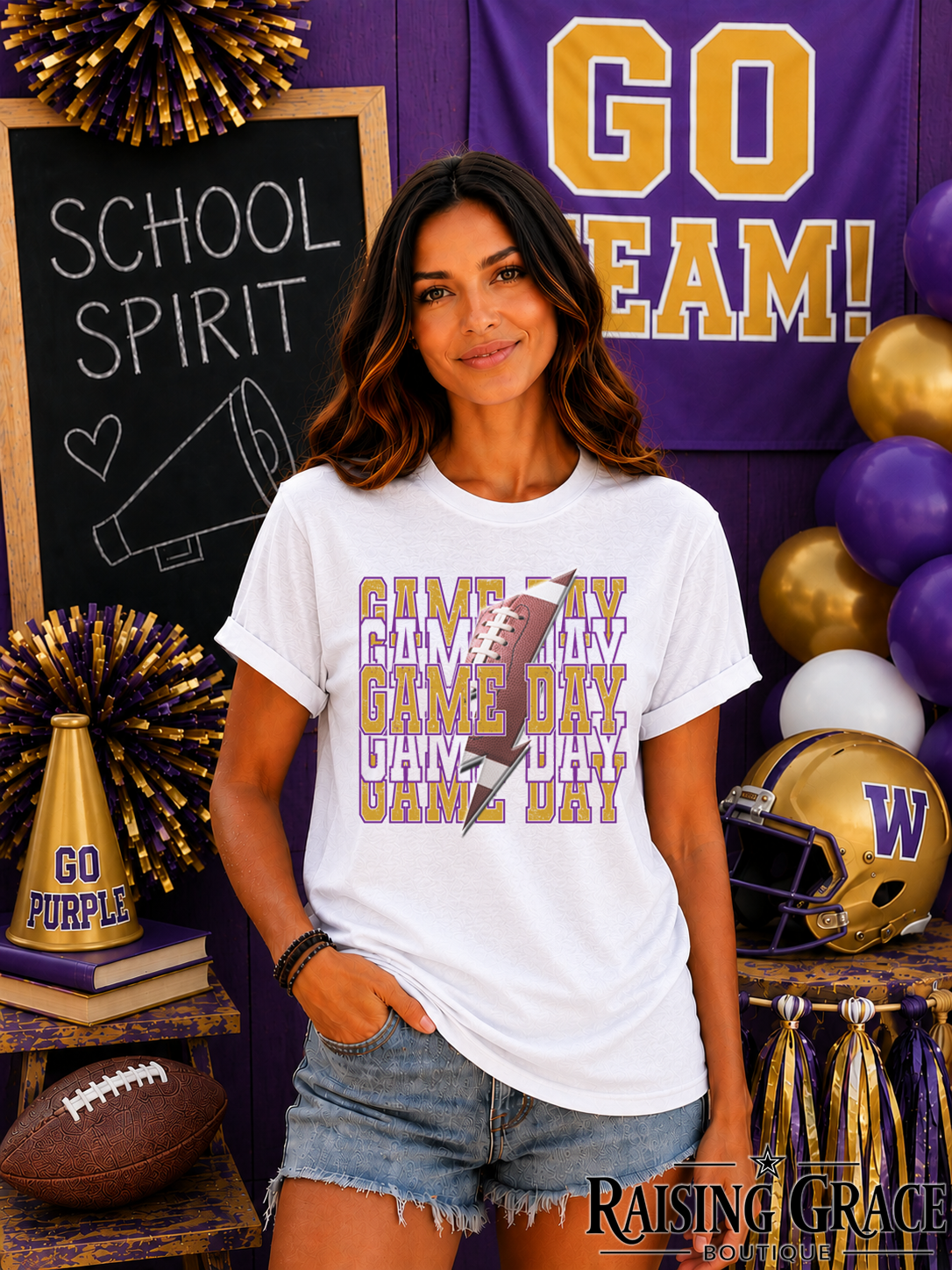 Game Day Football Graphic T-Shirt | Gold and Purple Football Tee | Sports Mom Shirt | Boutique Game Day Graphic Tee | Football Season Shirt