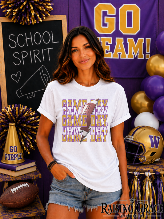 Game Day Football Graphic T-Shirt | Gold and Purple Football Tee | Sports Mom Shirt | Boutique Game Day Graphic Tee | Football Season Shirt