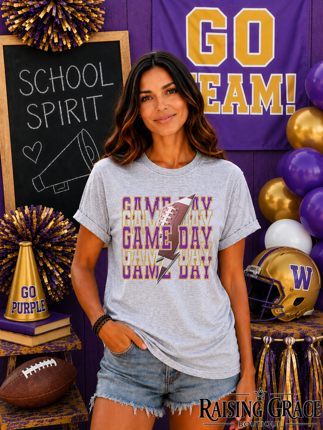 Game Day Football Graphic T-Shirt | Purple and Gold Football Tee | Sports Mom Shirt | Boutique Game Day Graphic Tee | Football Season Shirt