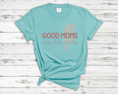 Good Moms Say Bad Words Graphic T-Shirt - Retro Version | Trendy Mama Tee | Leopard Lightning Bolt Shirt | Boutique Mom Graphic Tee | Funny Mom Shirt