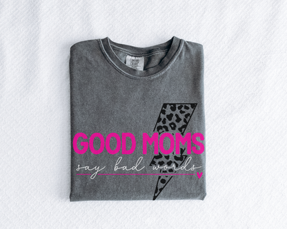 Good Moms Say Bad Words Graphic T-Shirt | Trendy Mama Tee | Leopard Lightning Bolt Shirt | Boutique Mom Graphic Tee | Funny Mom Shirt