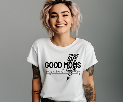Good Moms Say Bad Words Graphic T-Shirt - Black Version | Trendy Mama Tee | Leopard Lightning Bolt Shirt | Boutique Mom Graphic Tee | Funny Mom Shirt