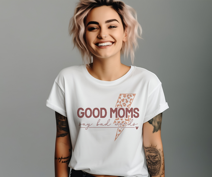 Good Moms Say Bad Words Graphic T-Shirt - Retro Version | Trendy Mama Tee | Leopard Lightning Bolt Shirt | Boutique Mom Graphic Tee | Funny Mom Shirt