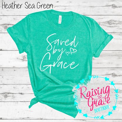 Saved By Grace Graphic T-Shirt | Faith Based Graphic Tee | Christian Inspirational Shirt | Boutique Faith Tee | Scripture Inspired Shirt