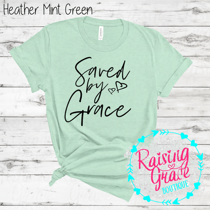 Saved By Grace Graphic T-Shirt | Faith Based Graphic Tee | Christian Inspirational Shirt | Boutique Faith Tee | Scripture Inspired Shirt