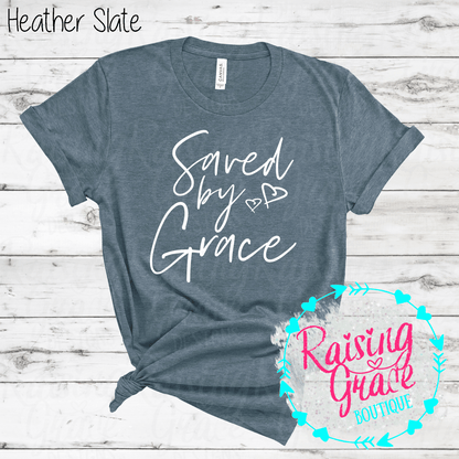 Saved By Grace Graphic T-Shirt | Faith Based Graphic Tee | Christian Inspirational Shirt | Boutique Faith Tee | Scripture Inspired Shirt
