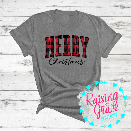 Merry Christmas - Red and Black Plaid - T-Shirt - Adult