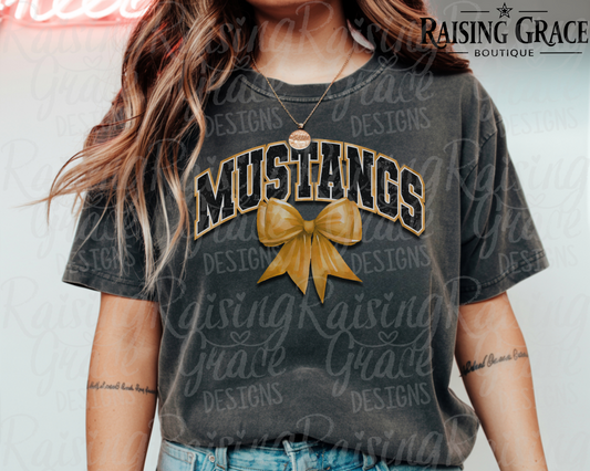 Mustangs - with Gold Coquette Bow - Adult T-Shirt - Comfort Colors