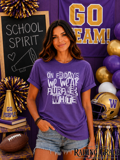 On Fridays We Wear Purple & White Tee | Adult Spirit Shirt