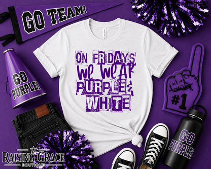 On Fridays We Wear Purple & White Tee | Adult Spirit Shirt