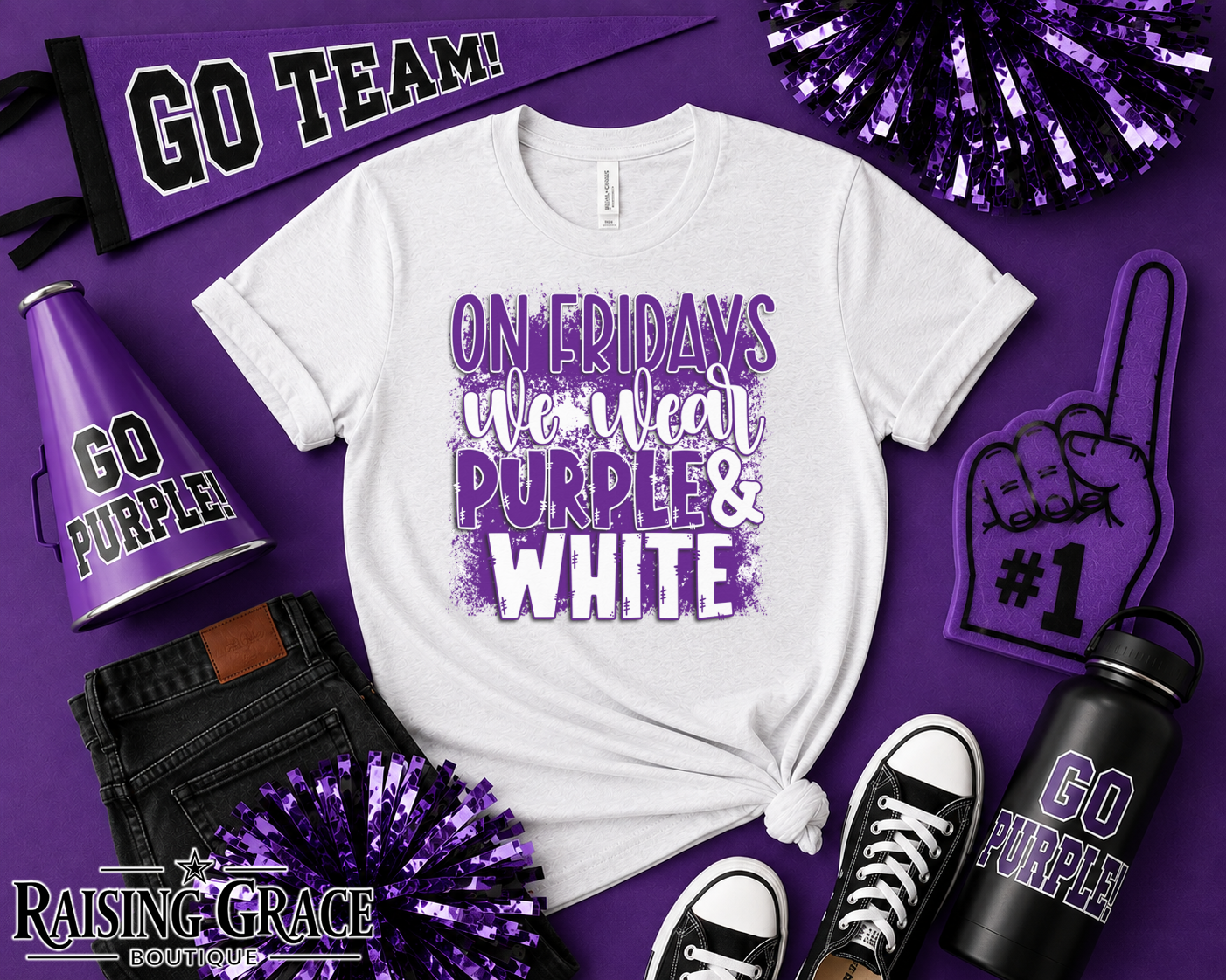 On Fridays We Wear Purple & White Faux Glitter Tee | Adult Spirit Shirt