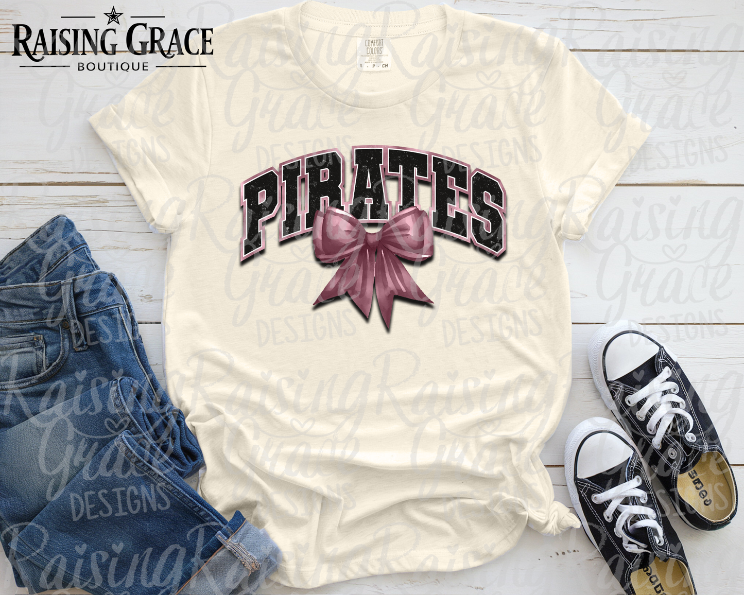 Pirates - with Maroon Coquette Bow - Adult T-Shirt - Comfort Colors
