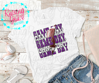 Game Day Football Graphic T-Shirt | Purple and Black Football Tee | Sports Mom Shirt | Boutique Game Day Graphic Tee | Football Season Shirt
