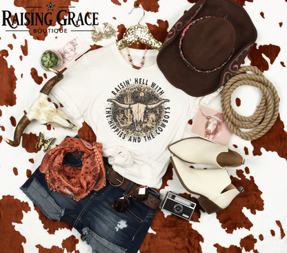 Raisin’ Hell With The Hippies And The Cowboys Graphic T-Shirt | Western Graphic Tee | Cowgirl Shirt | Boutique Western Tee | Country Concert Shirt