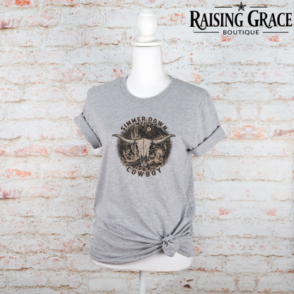 Simmer Down Cowboy Graphic T-Shirt | Western Graphic Tee | Cowgirl Rodeo Shirt | Boutique Western Tee | Country Concert Shirt