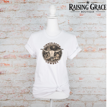 Simmer Down Cowboy Graphic T-Shirt | Western Graphic Tee | Cowgirl Rodeo Shirt | Boutique Western Tee | Country Concert Shirt