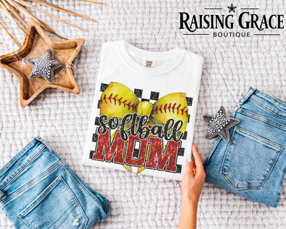 Softball Mama - Faux Glitter - Graphic T-Shirt | Softball Mom Tee | Checkered Sports Shirt | Boutique Softball Graphic Tee | Game Day Shirt