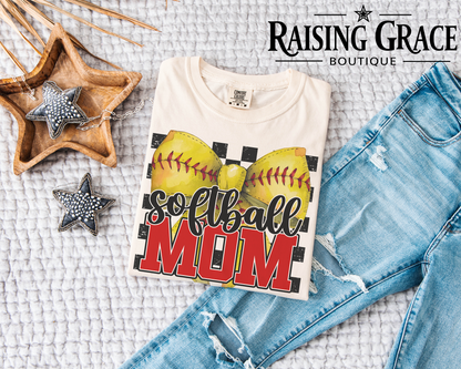 Softball Mama Graphic T-Shirt | Softball Mom Tee | Checkered Sports Shirt | Boutique Softball Graphic Tee | Game Day Shirt