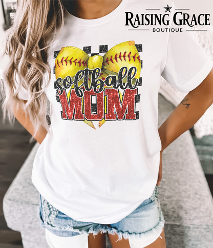 Softball Mama - Faux Glitter - Graphic T-Shirt | Softball Mom Tee | Checkered Sports Shirt | Boutique Softball Graphic Tee | Game Day Shirt