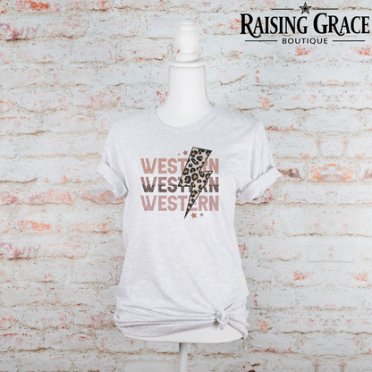 Western Lightning Bolt Graphic T-Shirt | Leopard Western Tee | Boutique Cowgirl Shirt | Trendy Western Graphic Tee | Country Concert Shirt