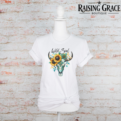 Wild Soul Sunflower Graphic T-Shirt | Western Boho Tee | Cowgirl Skull Shirt | Boutique Western Tee | Country Concert Shirt