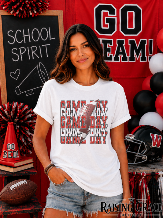 Game Day Football Graphic T-Shirt | Red and Black Football Tee | Sports Mom Shirt | Boutique Game Day Graphic Tee | Football Season Shirt