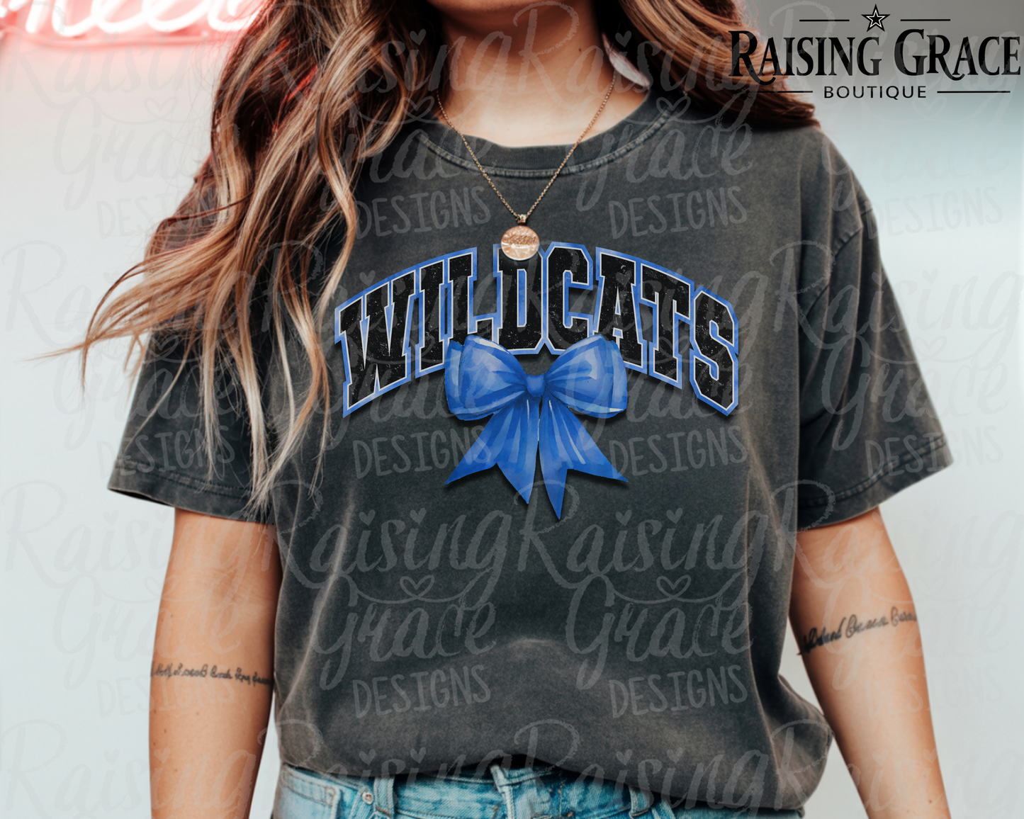 Wildcats - with Royal Blue Coquette Bow - Adult T-Shirt - Comfort Colors