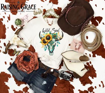 Wild Soul Sunflower Graphic T-Shirt | Western Boho Tee | Cowgirl Skull Shirt | Boutique Western Tee | Country Concert Shirt