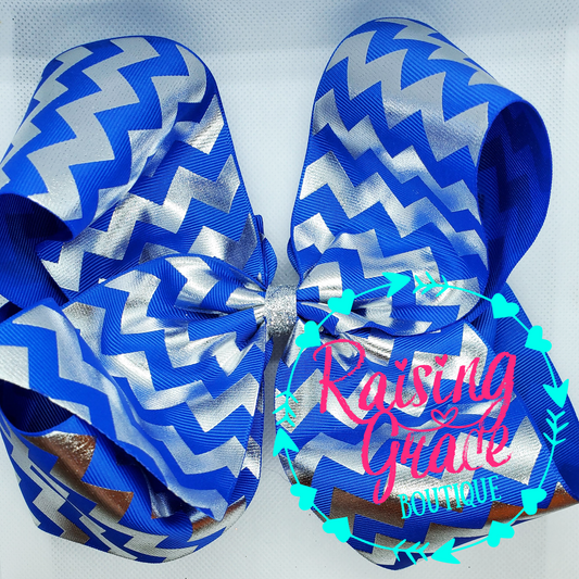 Royal Blue Bow with Silver Foil Chevron Stripes Hair Bow