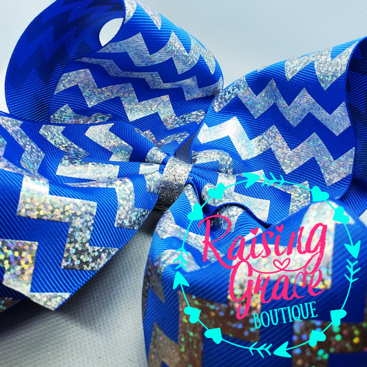 Royal Blue with Silver Glitter Foil Chevron Stripes Hair Bow