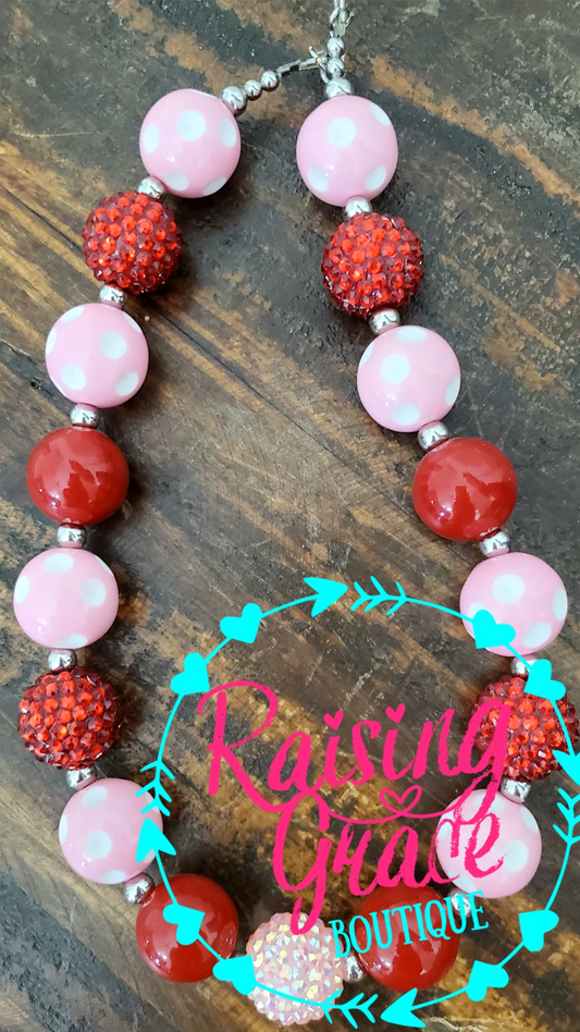Light Pink Polka Dots and Red Bubblegum Necklace