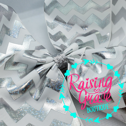 White with Silver Chevron Stripes Hair Bow